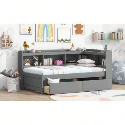 Twin Size L - shaped Bookcases Bed with Power Outlets, USB Charging Ports, Two Drawers,