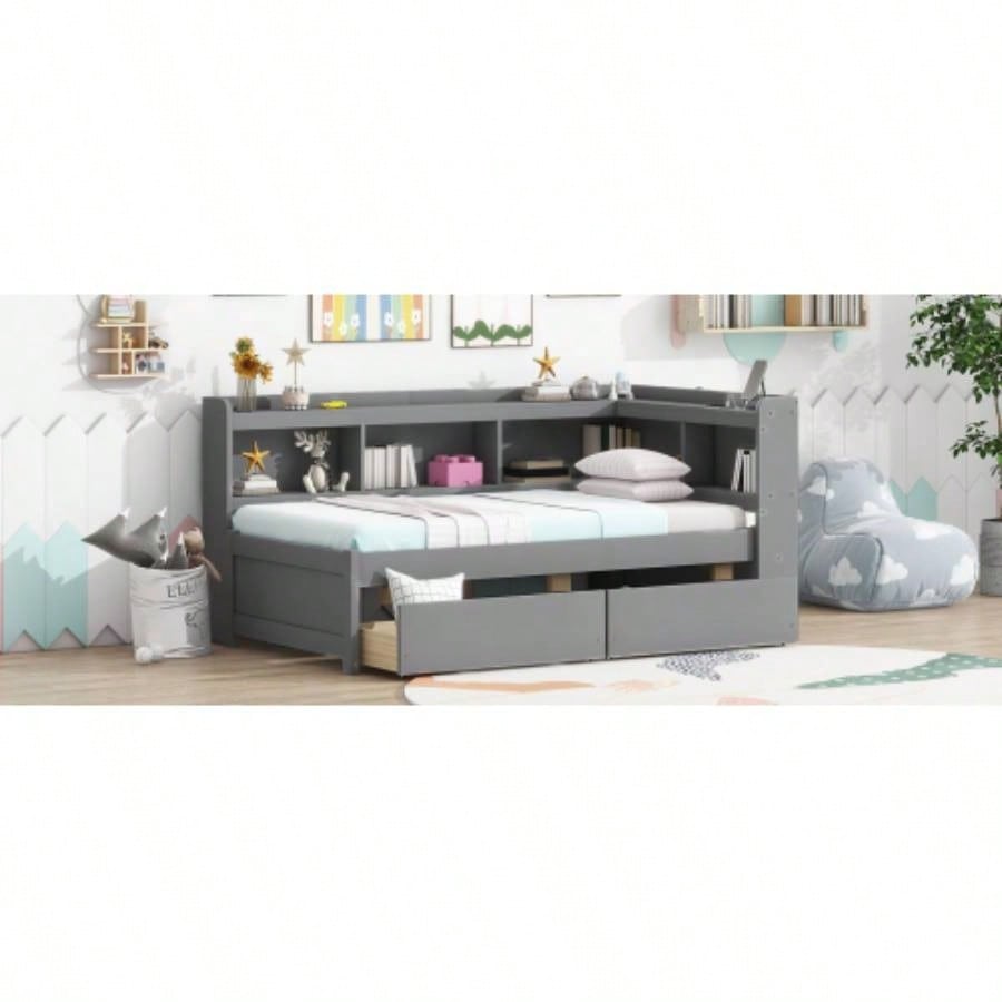 Twin Size L - shaped Bookcases Bed with Power Outlets, USB Charging Ports, Two Drawers,