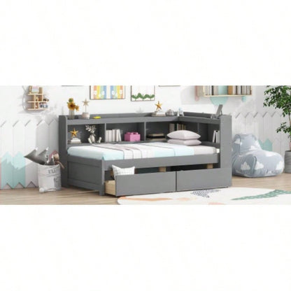 Twin Size L - shaped Bookcases Bed with Power Outlets, USB Charging Ports, Two Drawers,