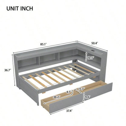 Twin Size L - shaped Bookcases Bed with Power Outlets, USB Charging Ports, Two Drawers,