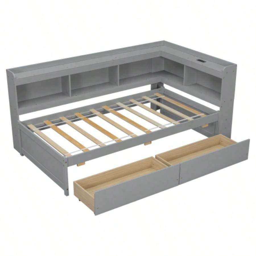 Twin Size L - shaped Bookcases Bed with Power Outlets, USB Charging Ports, Two Drawers,