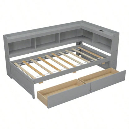 Twin Size L - shaped Bookcases Bed with Power Outlets, USB Charging Ports, Two Drawers,