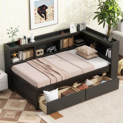 Twin Size L - shaped Bookcases Bed with Power Outlets, USB Charging Ports, Two Drawers,