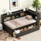 Twin Size L - shaped Bookcases Bed with Power Outlets, USB Charging Ports, Two Drawers,