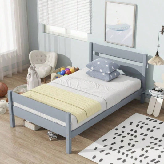 Twin Bed with Headboard and Footboard, Rubber Wood Bed,