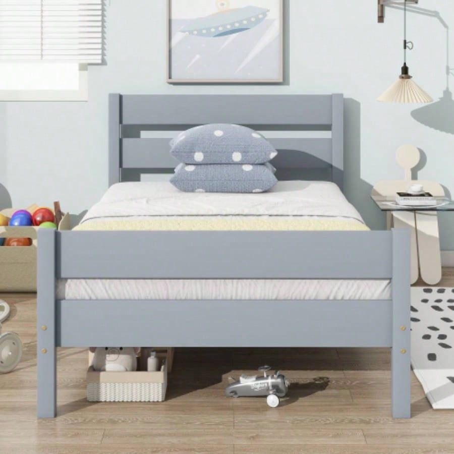 Twin Bed with Headboard and Footboard, Rubber Wood Bed,