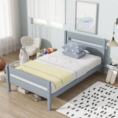Twin Bed with Headboard and Footboard, Rubber Wood Bed,