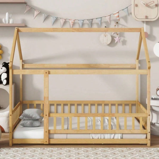 Twin Size House Floor Wooden Bed with Roof Frame, Safety Guardrails, Natural