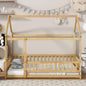 Twin Size House Floor Wooden Bed with Roof Frame, Safety Guardrails, Natural