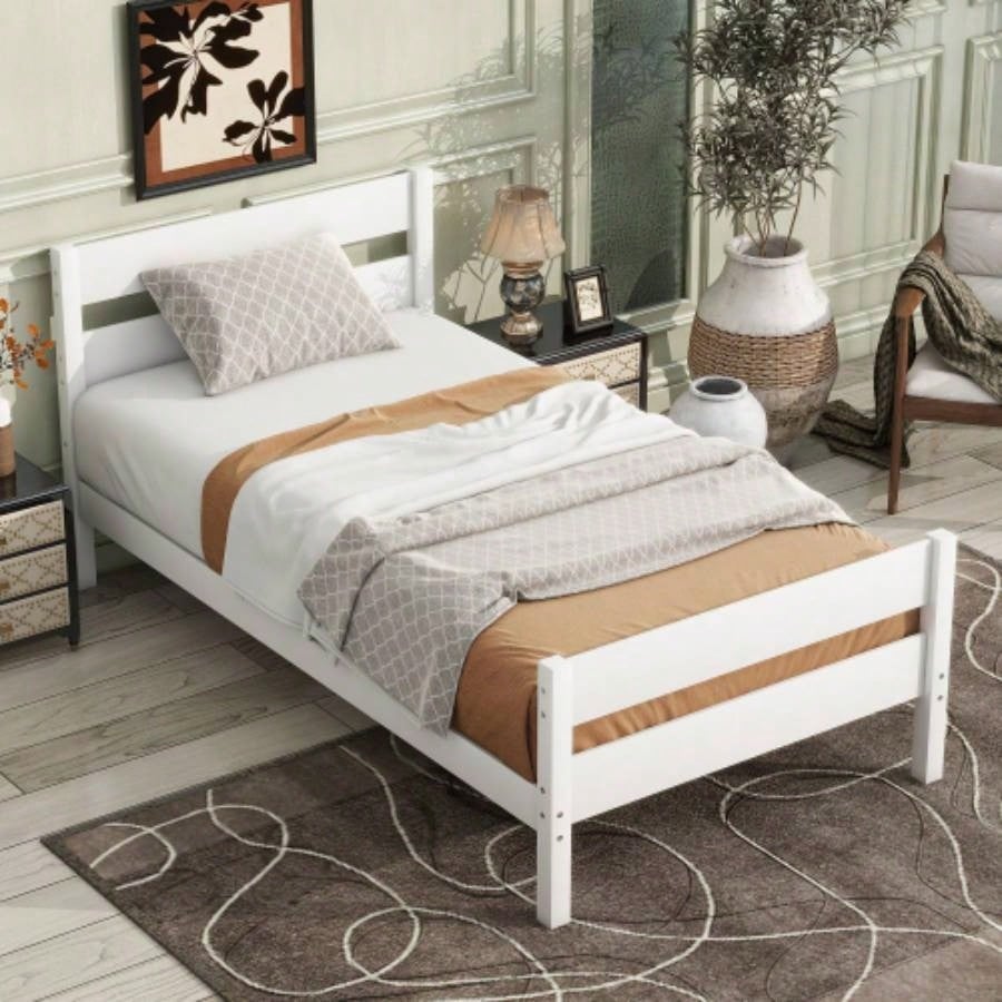 Twin Bed with Headboard and Footboard, Rubber Wood Bed,