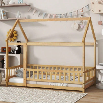 Twin Size House Floor Wooden Bed with Roof Frame, Safety Guardrails, Natural