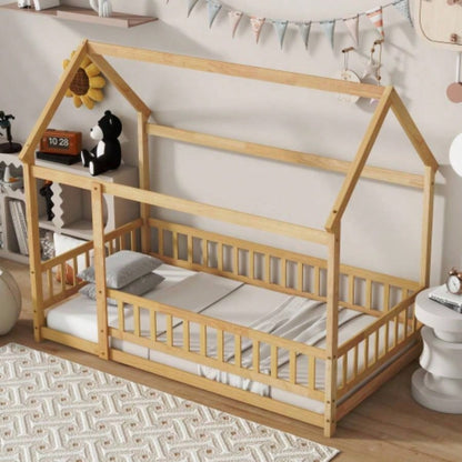 Twin Size House Floor Wooden Bed with Roof Frame, Safety Guardrails, Natural