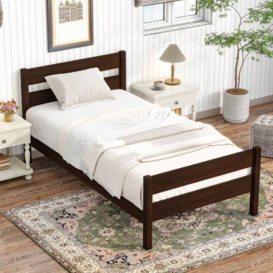 Twin Bed with Headboard and Footboard, Rubber Wood Bed,