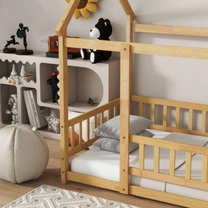 Twin Size House Floor Wooden Bed with Roof Frame, Safety Guardrails, Natural