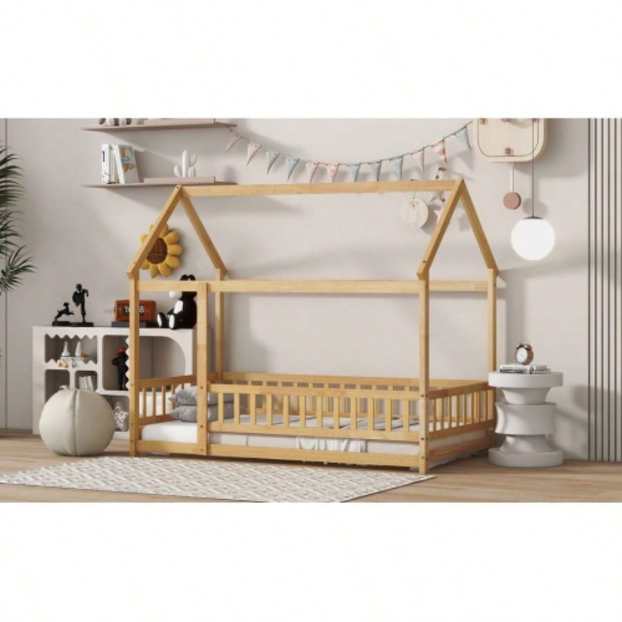 Twin Size House Floor Wooden Bed with Roof Frame, Safety Guardrails, Natural