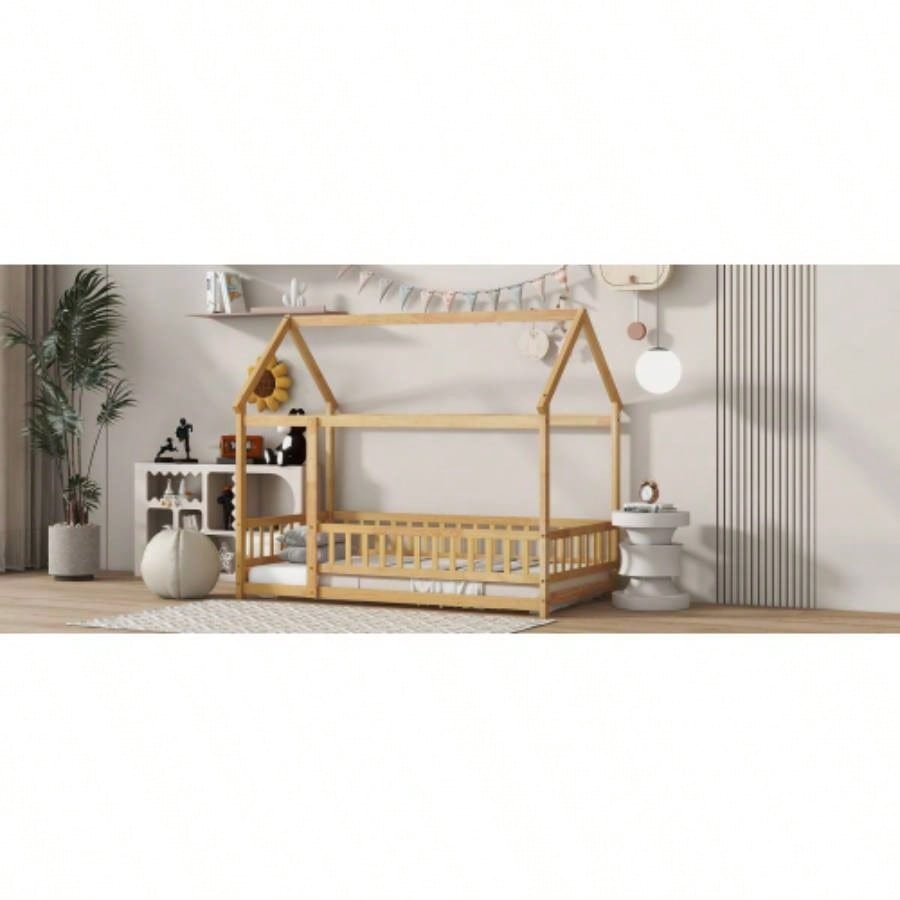 Twin Size House Floor Wooden Bed with Roof Frame, Safety Guardrails, Natural