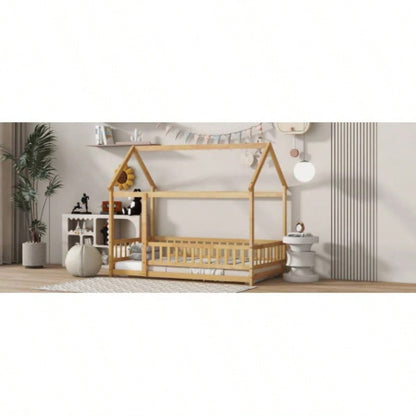 Twin Size House Floor Wooden Bed with Roof Frame, Safety Guardrails, Natural
