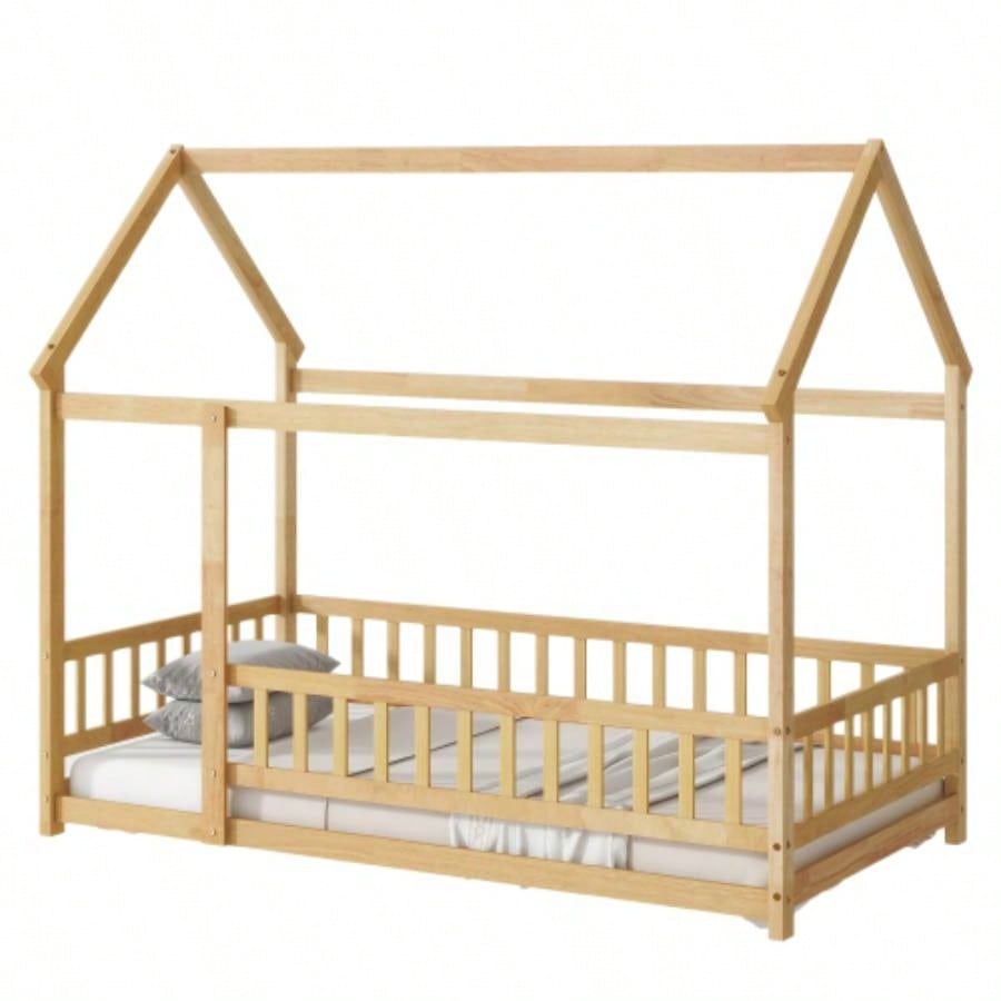 Twin Size House Floor Wooden Bed with Roof Frame, Safety Guardrails, Natural