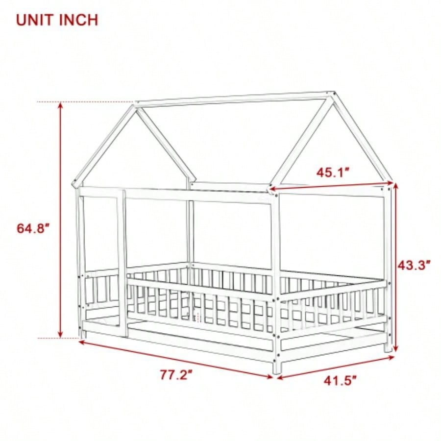 Twin Size House Floor Wooden Bed with Roof Frame, Safety Guardrails, Natural