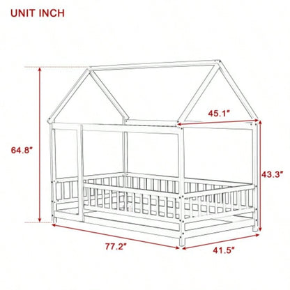 Twin Size House Floor Wooden Bed with Roof Frame, Safety Guardrails, Natural