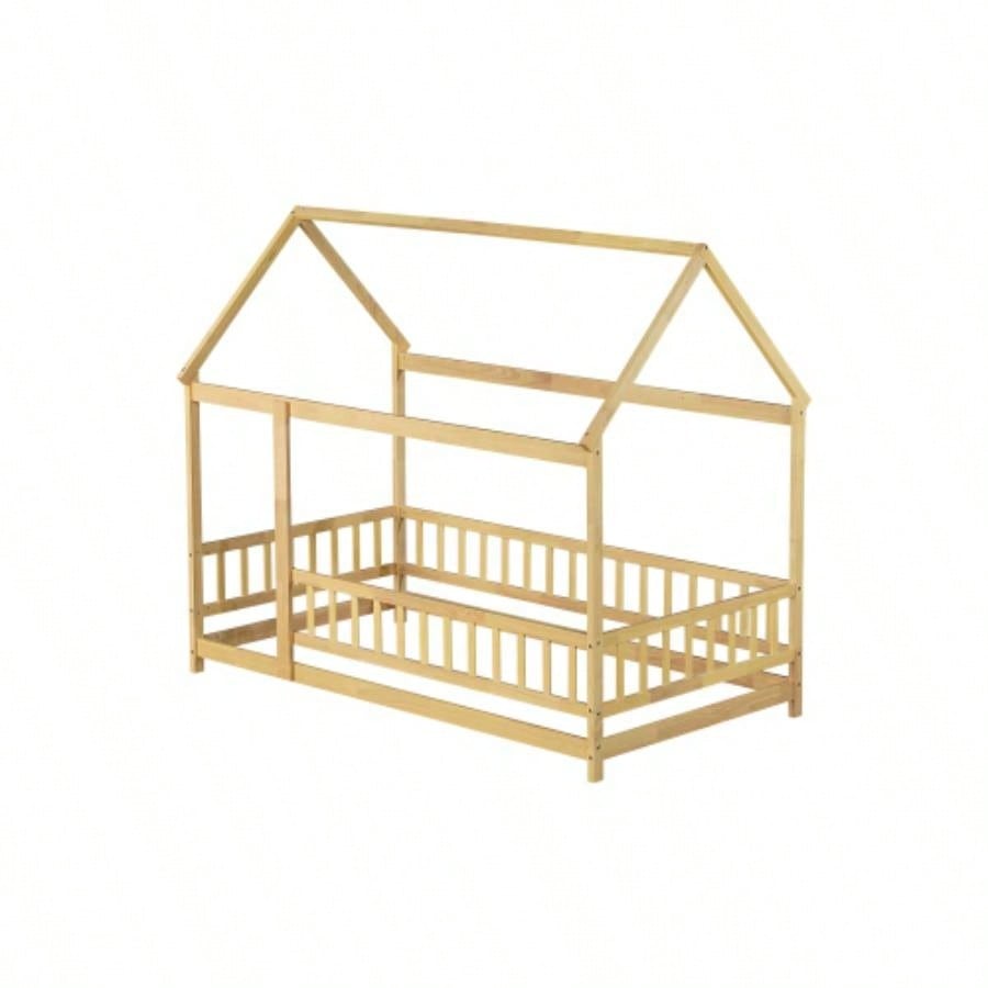 Twin Size House Floor Wooden Bed with Roof Frame, Safety Guardrails, Natural