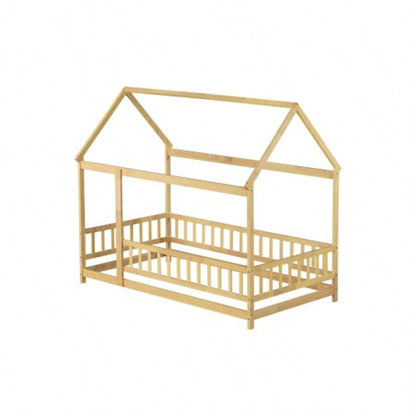 Twin Size House Floor Wooden Bed with Roof Frame, Safety Guardrails, Natural