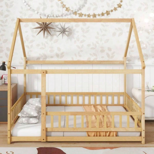Full Size House Floor Wooden Bed with Roof Frame, Safety Guardrails, Natural