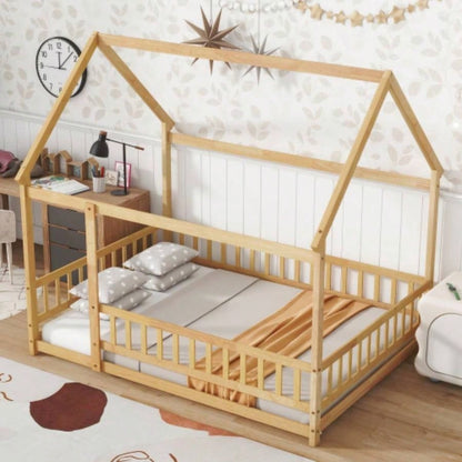Full Size House Floor Wooden Bed with Roof Frame, Safety Guardrails, Natural