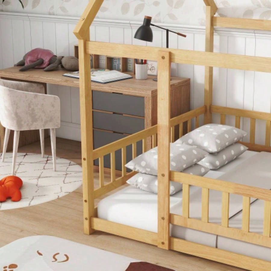 Full Size House Floor Wooden Bed with Roof Frame, Safety Guardrails, Natural