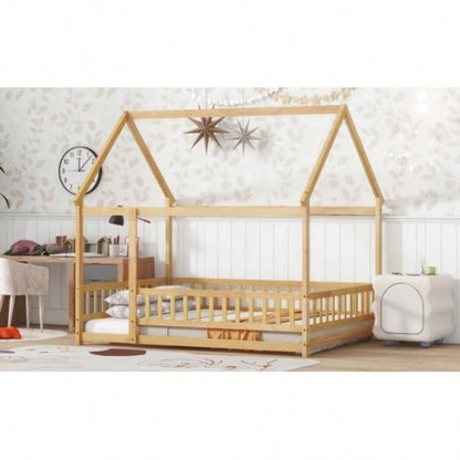 Full Size House Floor Wooden Bed with Roof Frame, Safety Guardrails, Natural