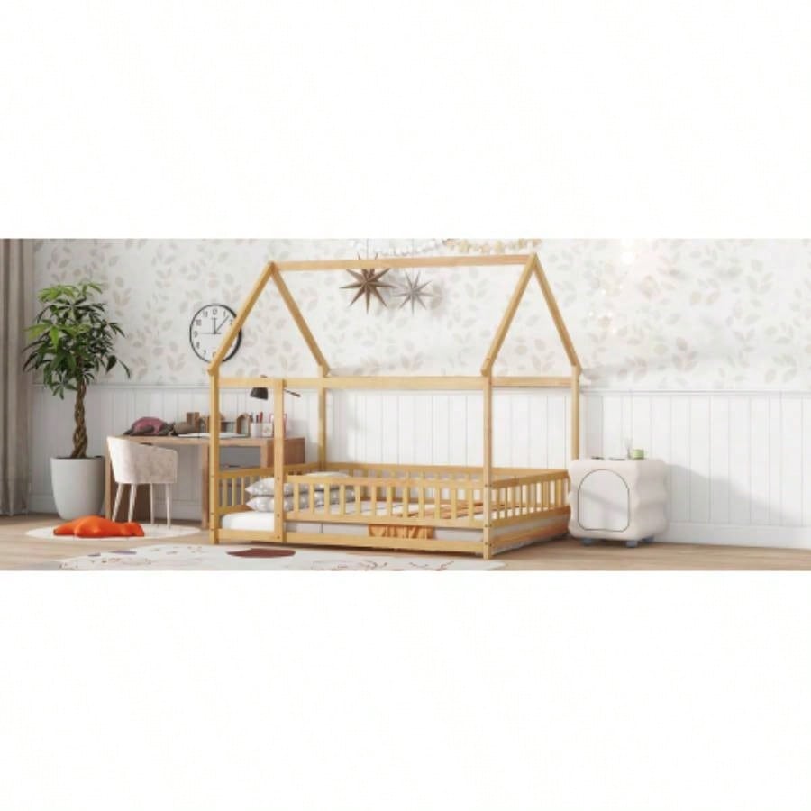 Full Size House Floor Wooden Bed with Roof Frame, Safety Guardrails, Natural