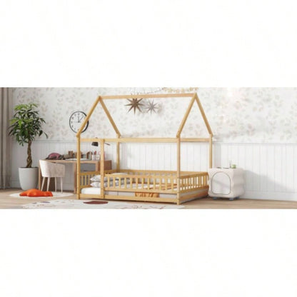 Full Size House Floor Wooden Bed with Roof Frame, Safety Guardrails, Natural