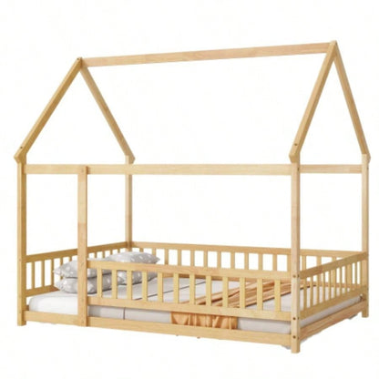 Full Size House Floor Wooden Bed with Roof Frame, Safety Guardrails, Natural