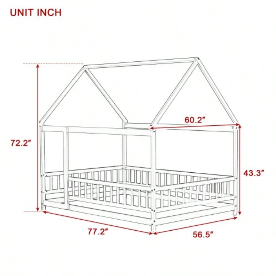 Full Size House Floor Wooden Bed with Roof Frame, Safety Guardrails, Natural