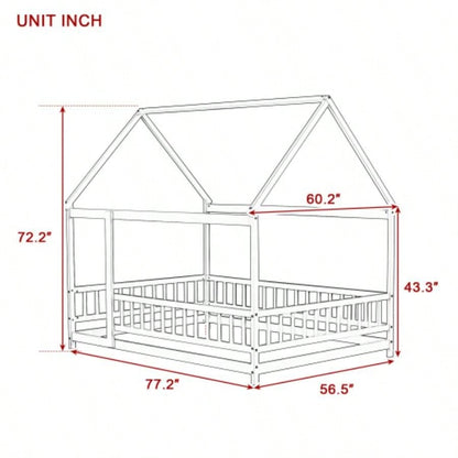 Full Size House Floor Wooden Bed with Roof Frame, Safety Guardrails, Natural