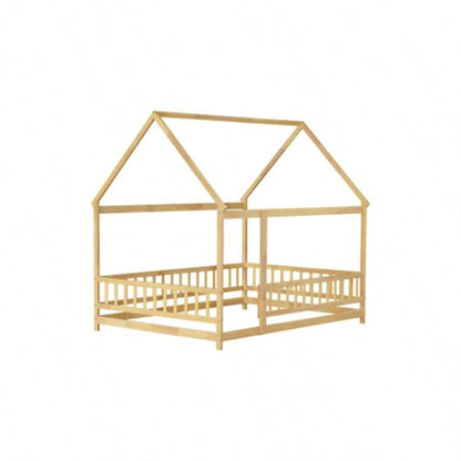 Full Size House Floor Wooden Bed with Roof Frame, Safety Guardrails, Natural