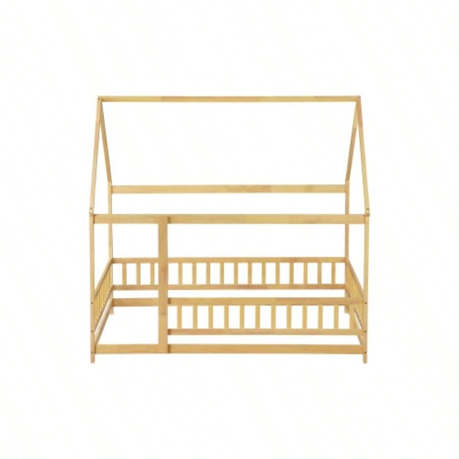 Full Size House Floor Wooden Bed with Roof Frame, Safety Guardrails, Natural