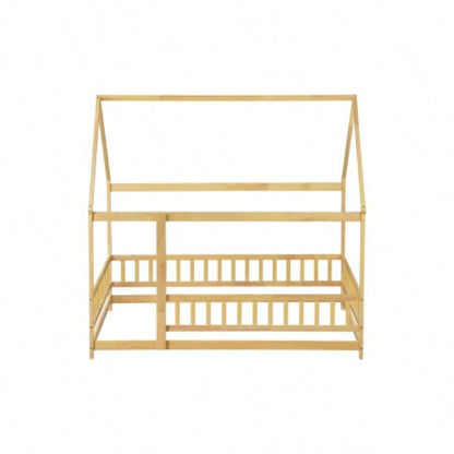 Full Size House Floor Wooden Bed with Roof Frame, Safety Guardrails, Natural