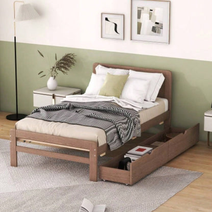 Modern Design Twin Size Platform Bed Frame with 2 Drawers Walnut Color