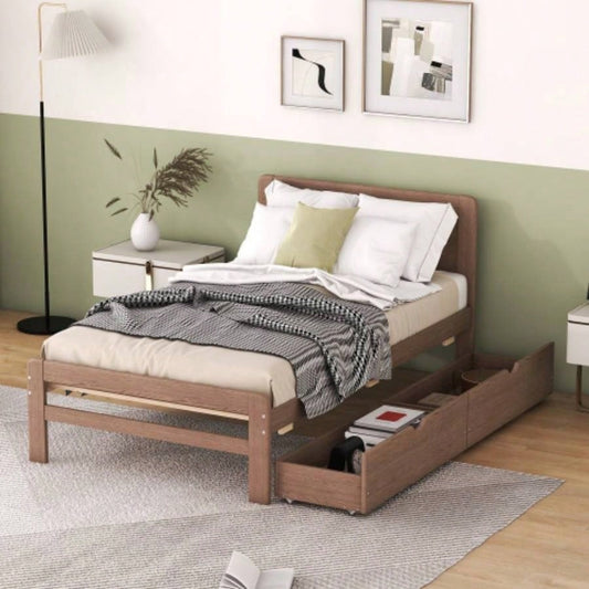 Modern Design Twin Size Platform Bed Frame with 2 Drawers Walnut Color