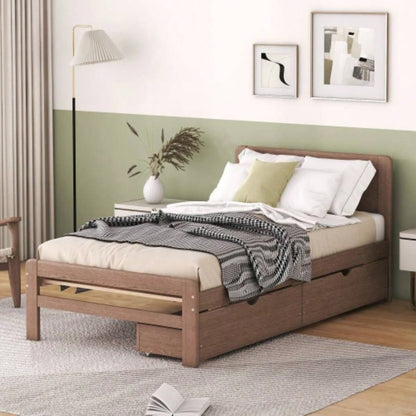 Modern Design Twin Size Platform Bed Frame with 2 Drawers Walnut Color