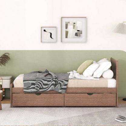 Modern Design Twin Size Platform Bed Frame with 2 Drawers Walnut Color