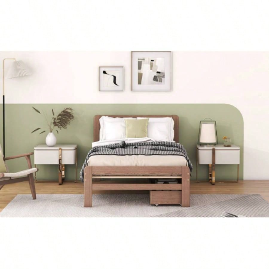 Modern Design Twin Size Platform Bed Frame with 2 Drawers Walnut Color