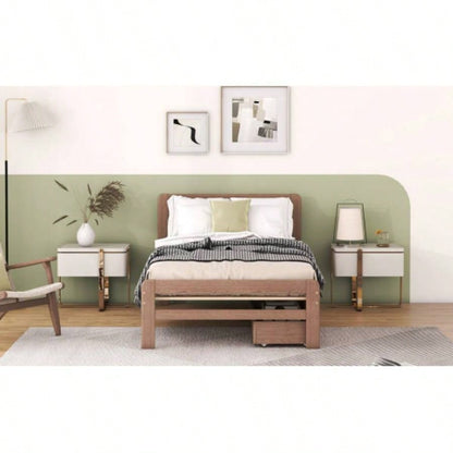 Modern Design Twin Size Platform Bed Frame with 2 Drawers Walnut Color