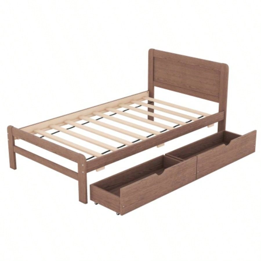 Modern Design Twin Size Platform Bed Frame with 2 Drawers Walnut Color