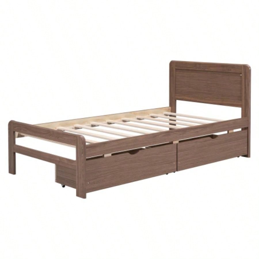 Modern Design Twin Size Platform Bed Frame with 2 Drawers Walnut Color