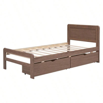 Modern Design Twin Size Platform Bed Frame with 2 Drawers Walnut Color