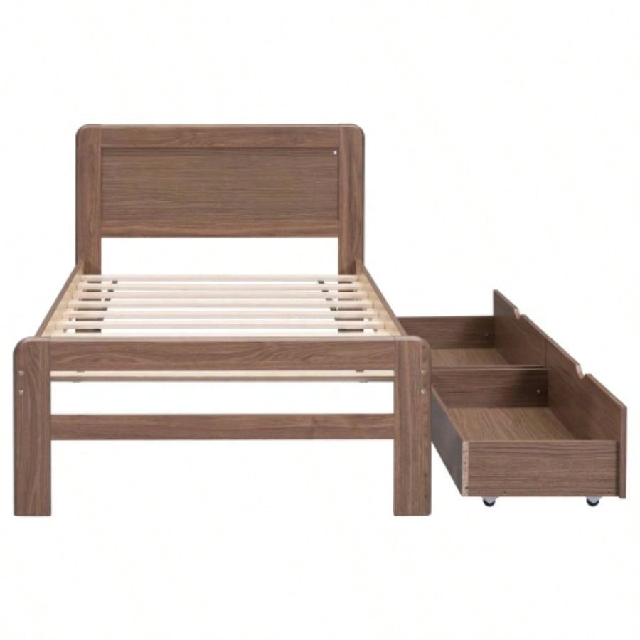 Modern Design Twin Size Platform Bed Frame with 2 Drawers Walnut Color