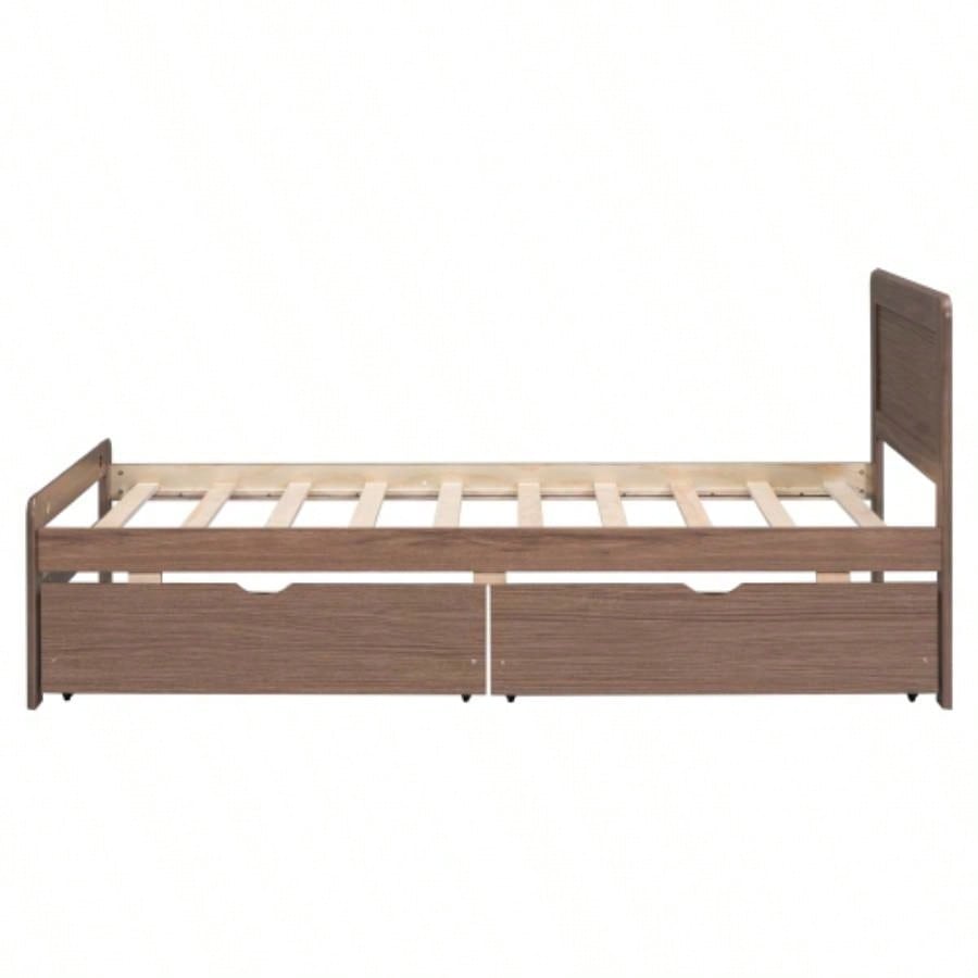 Modern Design Twin Size Platform Bed Frame with 2 Drawers Walnut Color