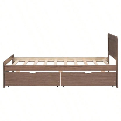 Modern Design Twin Size Platform Bed Frame with 2 Drawers Walnut Color